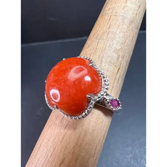 NEW cherry red jade and ruby blossom ring in rhodium over sterling silver size 9